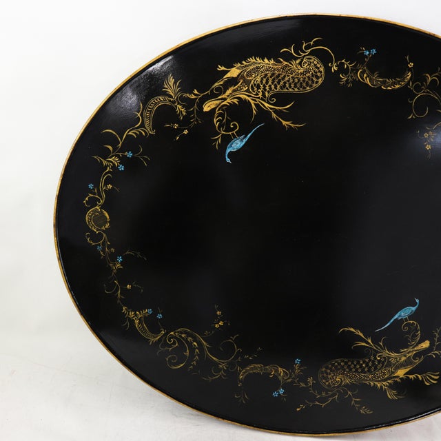 Wood Pair of Vintage Black Lacquer Chinoiserie Coffee Table – Oval Gilt Peacock and Floral Motif Cocktail Table For Sale - Image 7 of 14