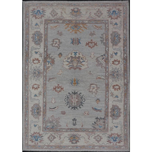 Floral Modern Oushak With Muted Gray Background and Cream Border For Sale - Image 13 of 13