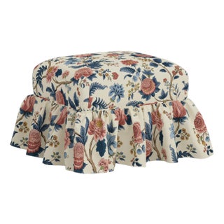 Edith Ruffle Ottoman in Dusty Blue Tree of Life For Sale
