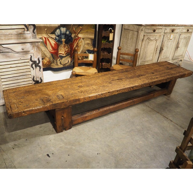 A Long Antique French Elm Workbench Repurposed as Coffee Table, Circa 1900 For Sale - Image 17 of 18