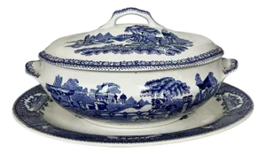 Vintage Blue and White Transferware Tureen and Underplate Marked Gilman & Co Sacavem, Portugal