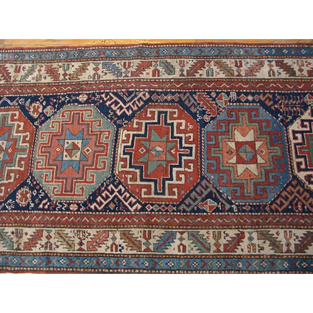 Traditional 1900s Blue Navy Medallion Antique Caucasian Moghan Rug 3'7" X 9'3" Handknotted Wool Carpet For Sale - Image 3 of 5