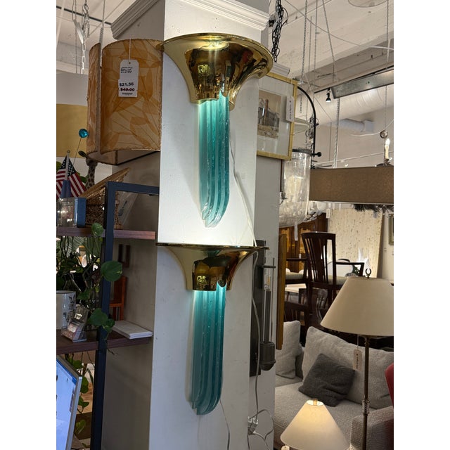 Modern 1980s Karl Springer Purcell Brass + Aqua Glass Sconces, Pair For Sale - Image 3 of 12