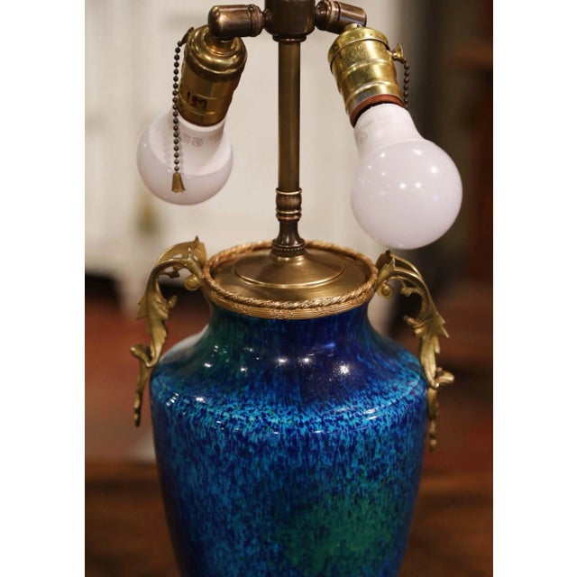 Ceramic Mid-Century French Blue Glazed Ceramic and Bronze Urn Table Lamp For Sale - Image 7 of 10