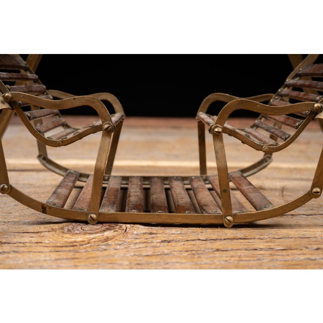 Antique Brass and Wood Folding Four-Passenger Lawn Glider Swing Salesman Sample For Sale - Image 10 of 13