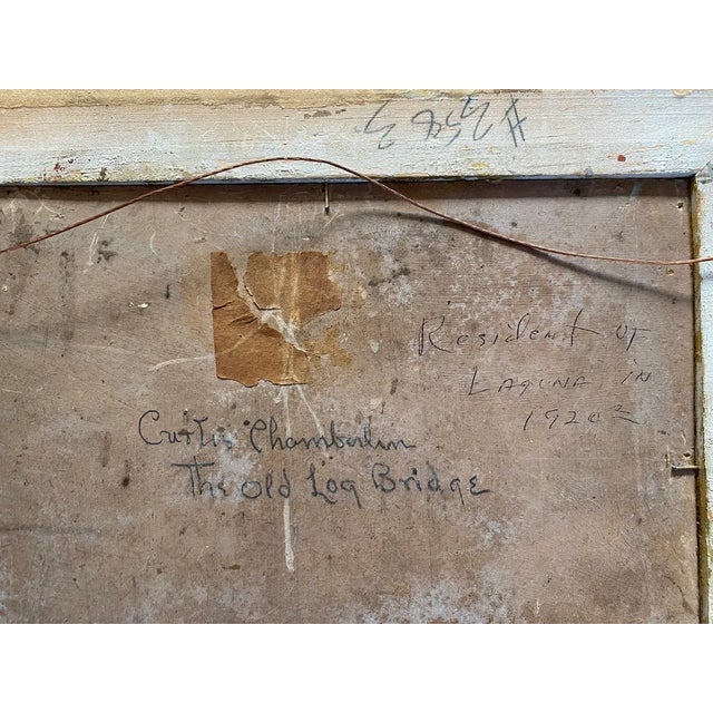 Paint 1900's Original Signed & Framed Oil Painting of Old Log Bridge by American Artist Curtis Chamberlin For Sale - Image 7 of 8