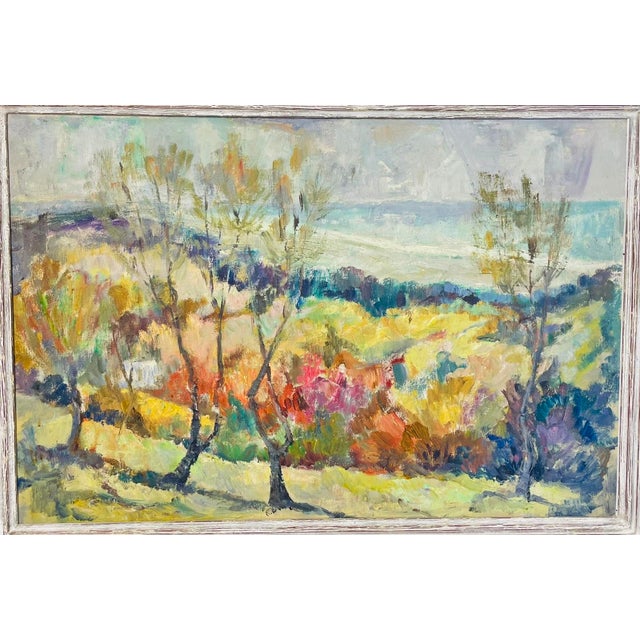 Yellow Vintage Impressionist Landscape Painting on Board With Trees, Framed, Mid-Century For Sale - Image 8 of 18