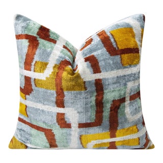 Handmade Silk Velvet Throw Pillow in Burnt Orange, Yellow, and Mint Green With Down Feather Insert For Sale