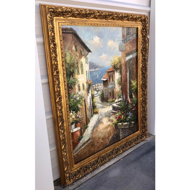 Large Vintage Mediterranean Street Coastal Landscape Oil Painting Ornate Gold Wood Frame For Sale - Image 13 of 13