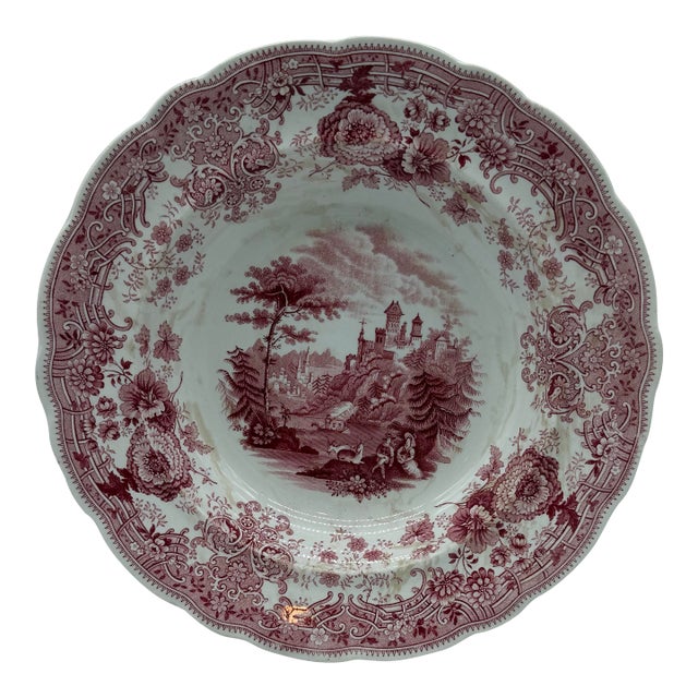 A Antique Staffordshire "Tyrolean" Pink Transfer Decorated Soup Plate, 1830’s For Sale