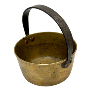 Unusual Small Size Antique Early 1800s Heavy Cast Brass & Wrought Iron Fireplace Hearth Hanging Cooking Pot