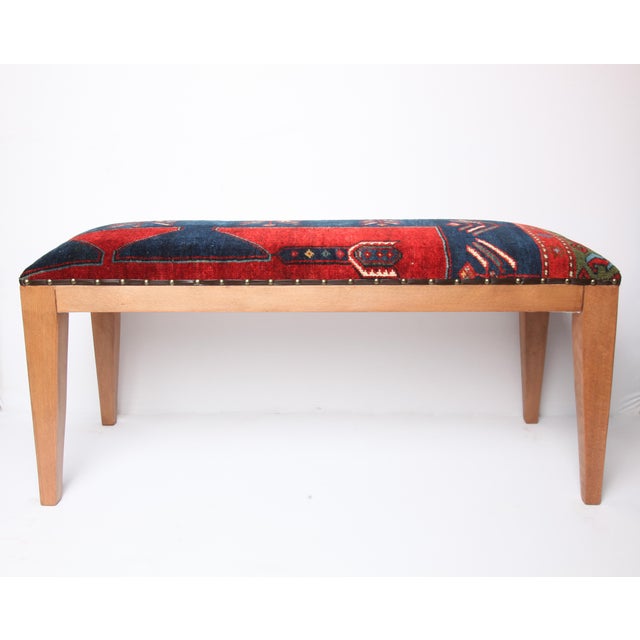Antique Kazak Wool Rug Upholstered Bench, Rustic Tribal Accent Bench With Wooden Legs For Sale - Image 4 of 11
