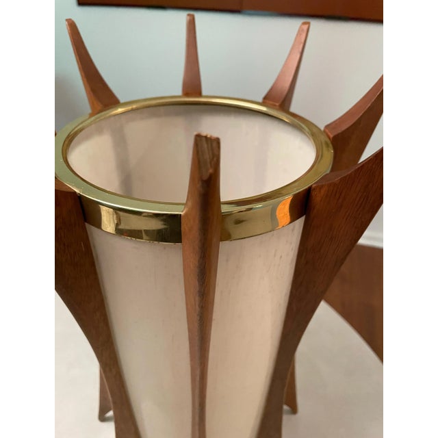 Wood Mid-Century Modern Teak & Brass Swag Pendant Lamp in the Style of Adrian Pearsall For Sale - Image 7 of 13