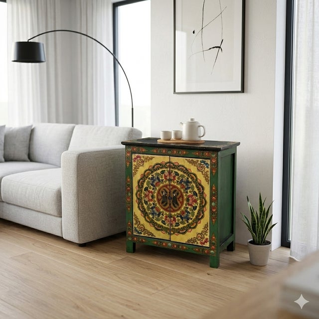 Tibetan Style Green Floral Mandala Graphic End Table Nightstand For Sale - Image 9 of 10