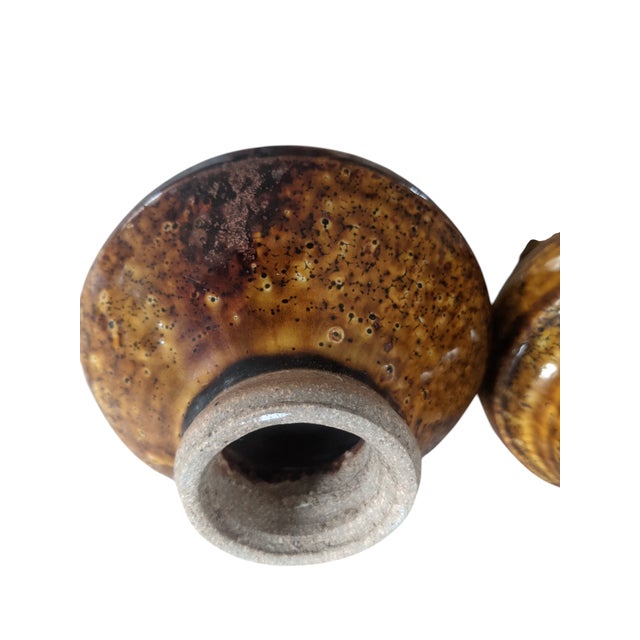Brown Mid Century Lava Glazed Stoneware Vase Vessels- A Pair For Sale - Image 8 of 10