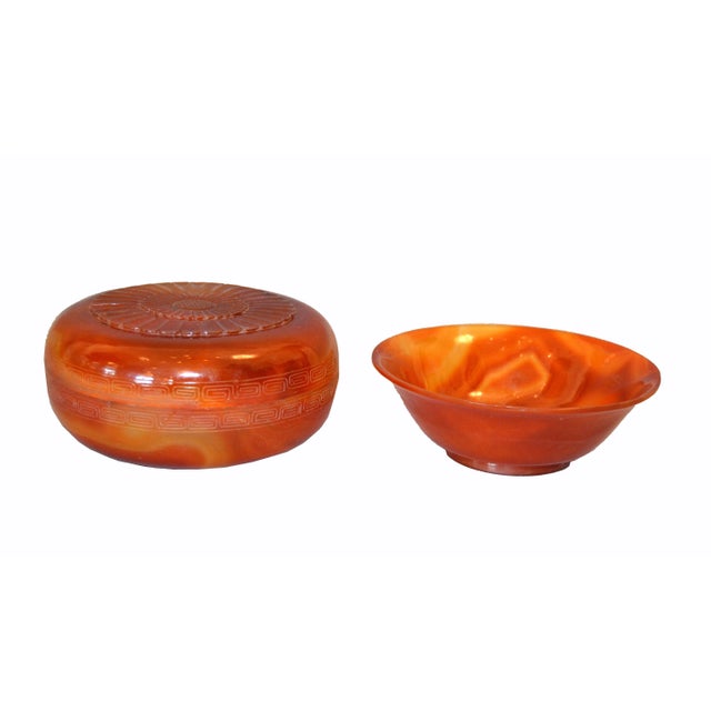Vintage Carved Stone Agate Box & Bowl in Amber Color - Set For Sale - Image 10 of 10