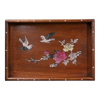 Huali Rosewood Tray Inlaid With Mother-of-Pearl Birds & Roses For Sale