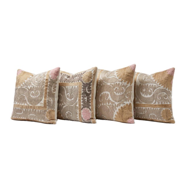 Mid-Century Modern Beige Faded Suzani Bedding Pillow Cover - Set of Four For Sale - Image 3 of 4