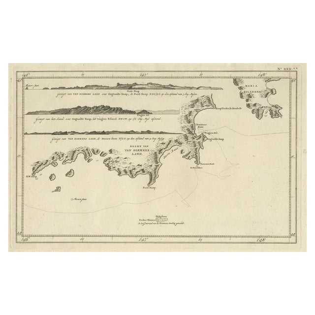 Antique map of Tasmania titled 'Kaart van Diemens Land'. Coastal views and a map of van Diemens Land (Tasmania)....