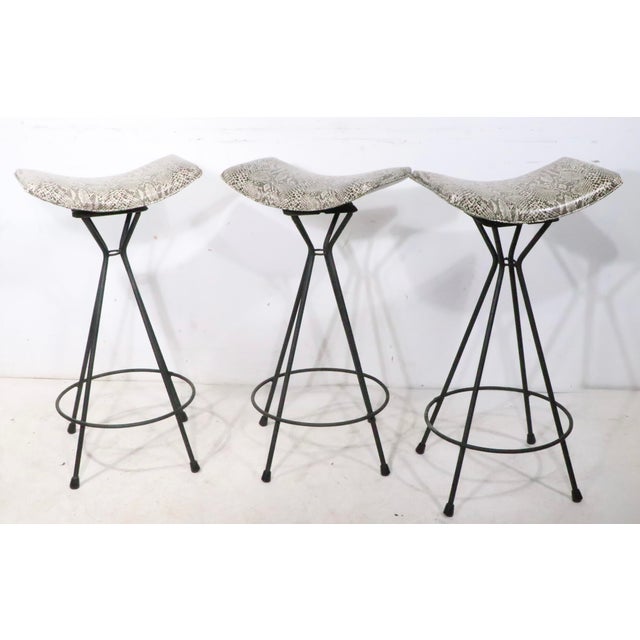 Set of Three Mid 20th Century Swivel Bar Stools in New Faux Python Vinyl Upholstery For Sale - Image 13 of 18