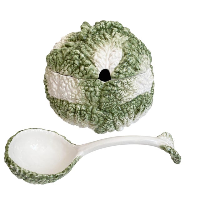 Mid-Century Modern Large Vintage Majolica Cabbage Lidded Soup Tureen & Ladle For Sale - Image 3 of 12