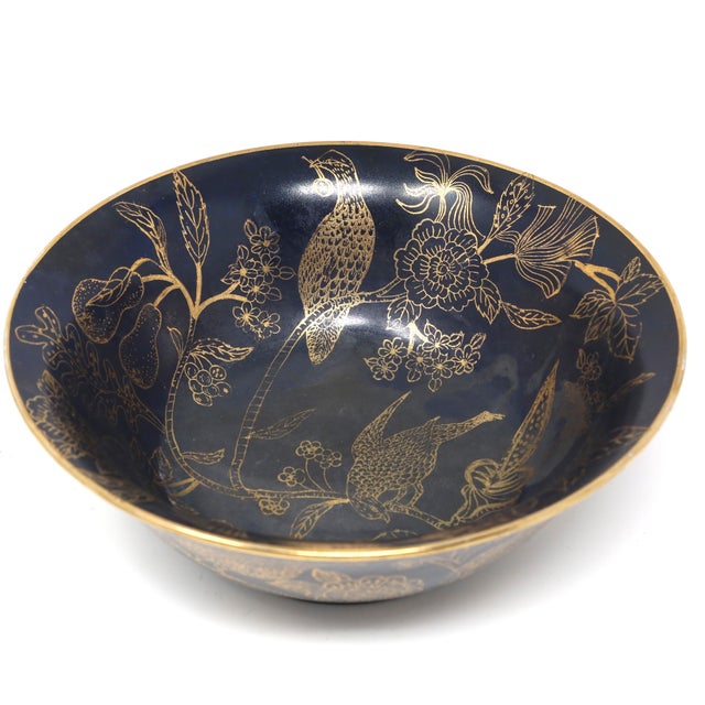 1970s Navy Blue & Gold Chinoiserie Porcelain Bowl With Quail, Pears & Flowers For Sale - Image 5 of 9