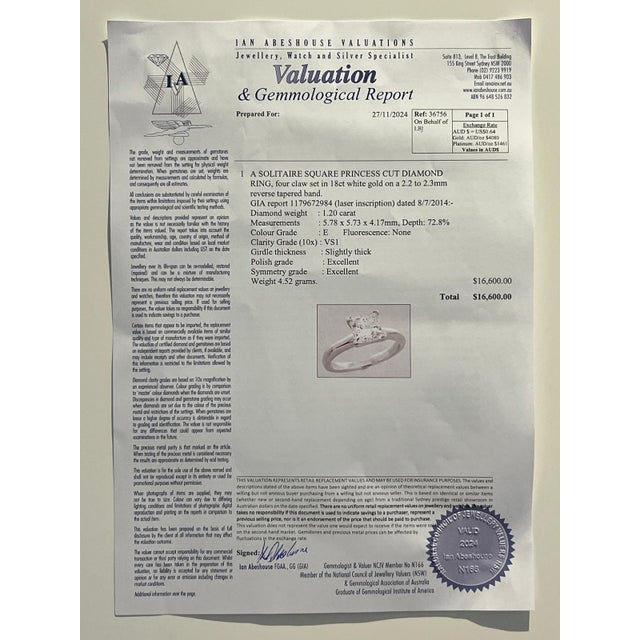 Metal GIA 18ct White Gold Princess-Cut Diamond Engagement Ring 1.20ct For Sale - Image 7 of 8