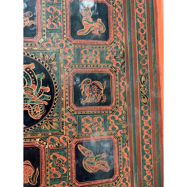 Antique Black Red Burmese Lacquer Zodiac Tray For Sale - Image 9 of 17