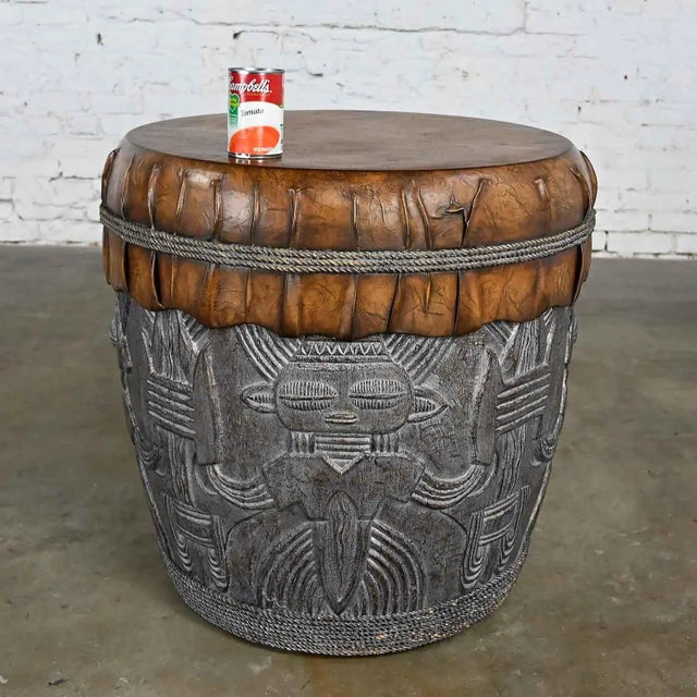 Island Style Boho Chic Resin Tiki Tribal Large Drum End or Accent Table Style of Casa Bique For Sale - Image 10 of 13