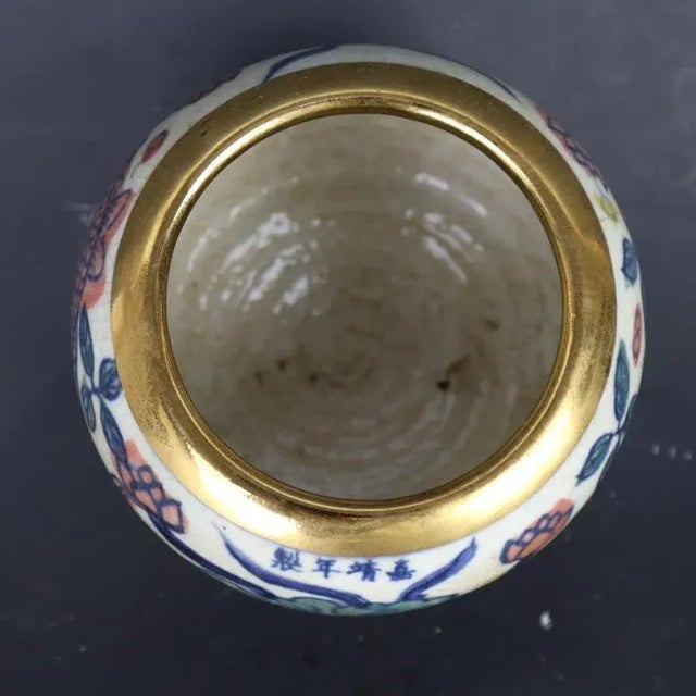 Early 20th Century Chinese Vintage Ceramic Pot,Ming Dynasty Jiajing Marked Blue and White Famille Verte Porcelain Brush Washer Hand Painted Lotus Flower and Fish Pattern For Sale - Image 5 of 6