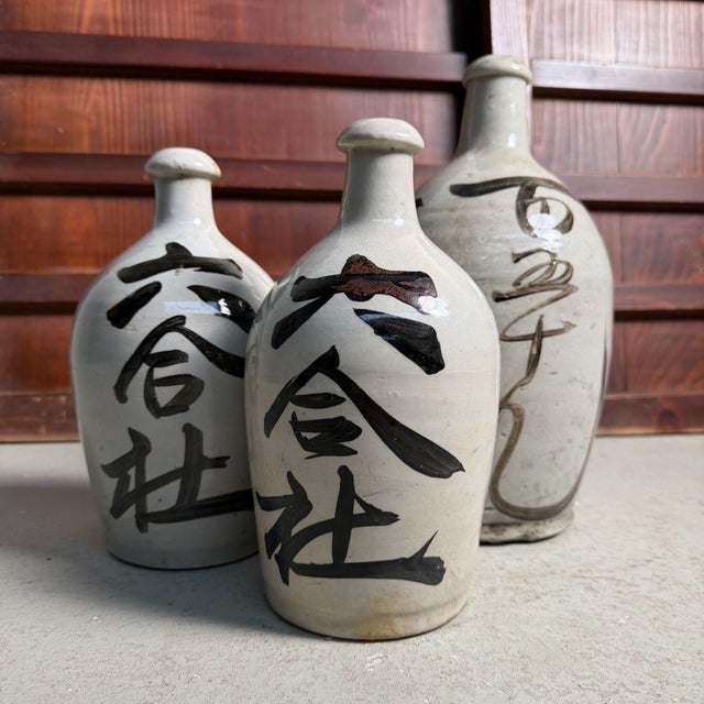 Mid-Century Modern Japanese Tokkuri Sake Bottles with Calligraphy, 1940s, Set of 3 For Sale - Image 3 of 11