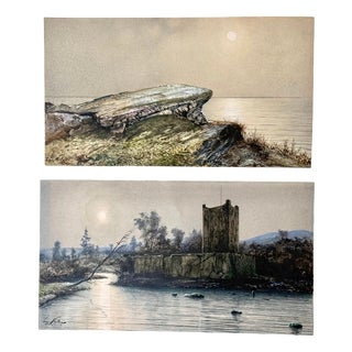 Eugen Niethe, Scottish Landscape, Threave Castle, 1900, Watercolor, Set of 2 For Sale