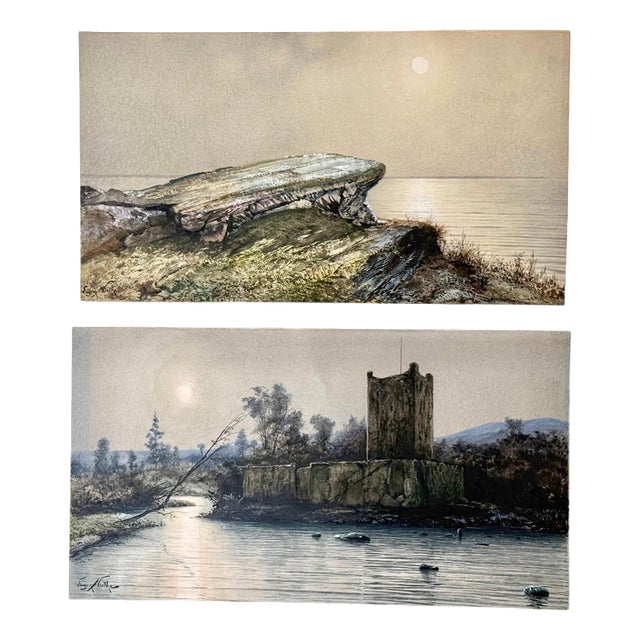 Eugen Niethe, Scottish Landscape, Threave Castle, 1900, Watercolor, Set of 2 For Sale