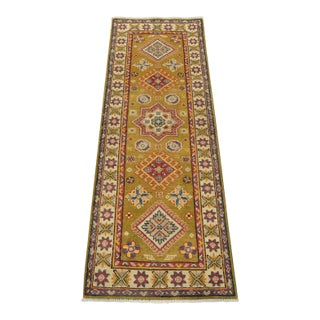 Kazak Runner 2’1” X 5’10” Green Wool Tribal Hand-Knotted Oriental Rug For Sale
