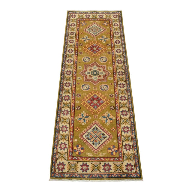 Kazak Runner 2’1” X 5’10” Green Wool Tribal Hand-Knotted Oriental Rug For Sale