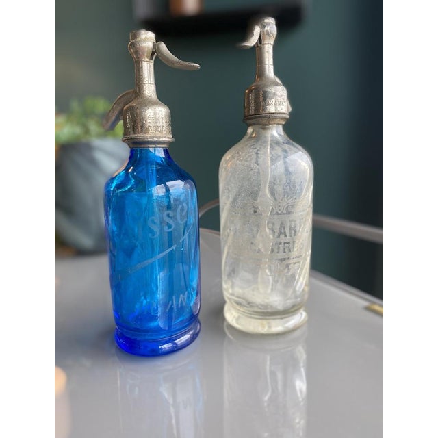 Small Blue Glass Seltzers Soda Syphons Bottles, 1890s, Set of 2 For Sale - Image 3 of 16