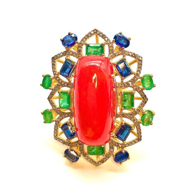 Bochic “Orient” Vintage Orange Opal, Emerald, Kyanite & Diamond Ring Set In 18K For Sale - Image 4 of 7