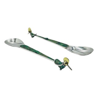 1980s Emilia Castillo for Los Castillo Silver-Plated & Malachite Bird Serving Utensils For Sale