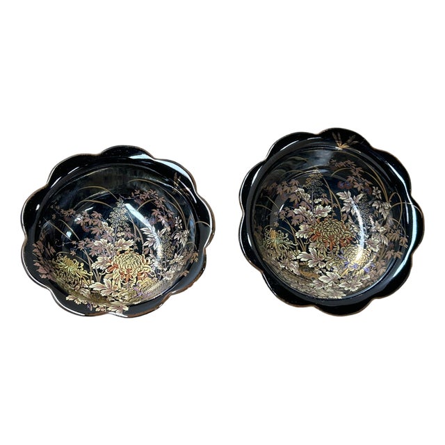 Pair Oriental Black Glaze Porcelain Bowls Golden Flower Graphic For Sale
