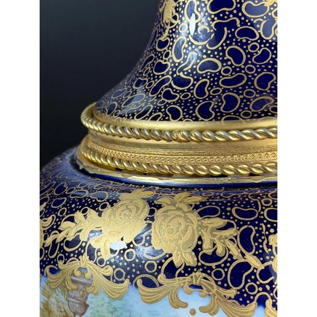 Cobalt Blue Porcelain Vase with Gilt Figural Reserve in the style of Sèvres, Befos For Sale - Image 9 of 18