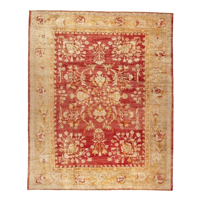 Zabihi Collection Red Angora Antique Oushak Rug - 12' x 14'10" For Sale