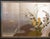 Very pretty Japanese 4-panel painted Byobu (folding screen) with Chrysanthemums on silver background. Signed and sealed by...