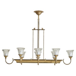 Italian Murano Fluted Glass + Brass 8-Arm Chandelier, 1940s For Sale