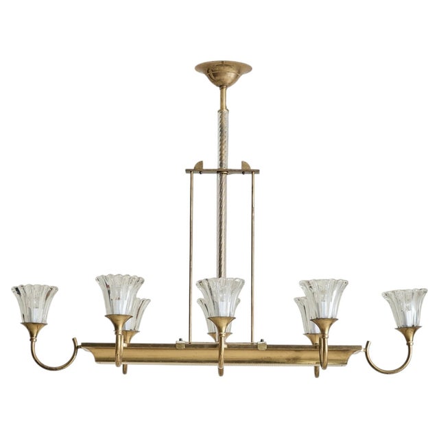 Italian Murano Fluted Glass + Brass 8-Arm Chandelier, 1940s For Sale