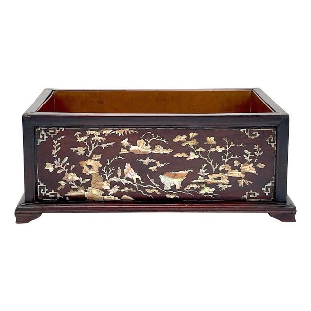 Antique Chinese Mother of Pearl Inlaid Hardwood Jardinière with Copper Liner For Sale