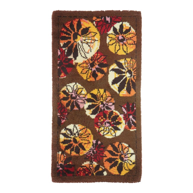 Vintage Swedish Rya Runner With Floral Medallions on a Brown Field - Rug & Kilim For Sale