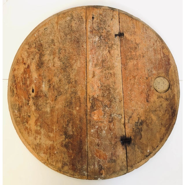 Old antique salvage wooden barrel cover with handle. Stamped Mount Vernon, WA with manufacturer's minced meat listed...
