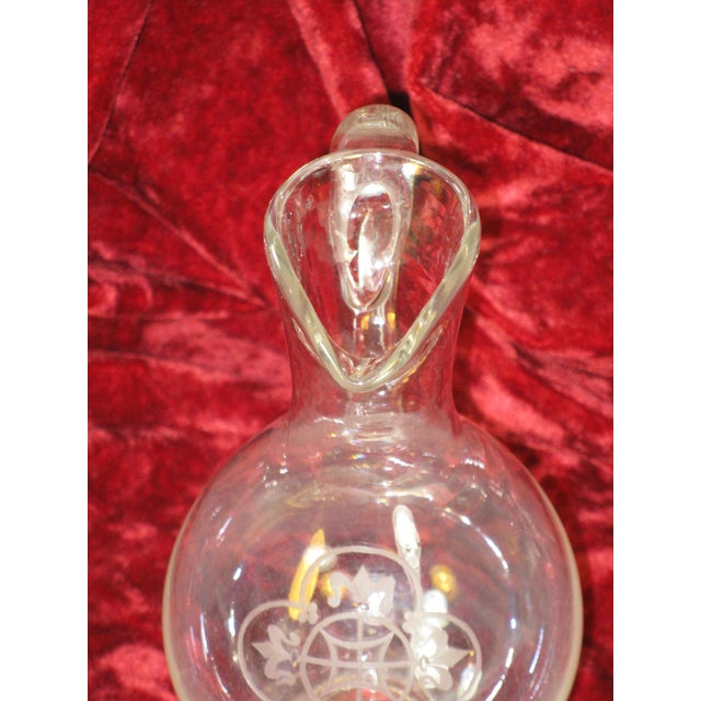 Glass Pitcher Antique Mouth Blown Hand Cut Fleur de Lis Engraved Clear Ca.1860's For Sale - Image 6 of 12