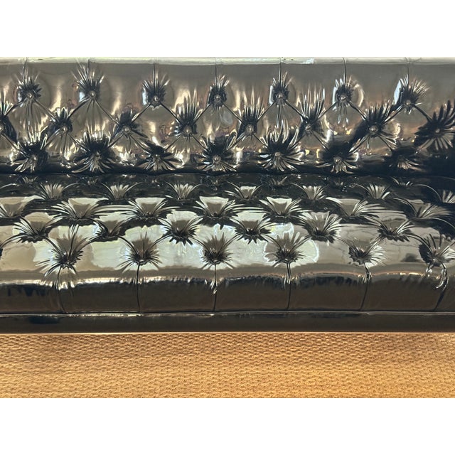 Textile Custom Edelman Black Patent Leather Tufted Tuxedo Sofa For Sale - Image 7 of 14