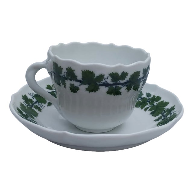 Vintage Porcelain Mocca Espresso Cup and Saucer with Vine Leaf Pattern from Meissen, 1920s, Set of 2 For Sale